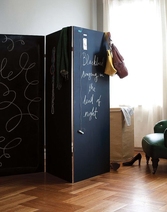 foldable chalkboard screen is great for separating spaces and you can chalk on it whatever you like