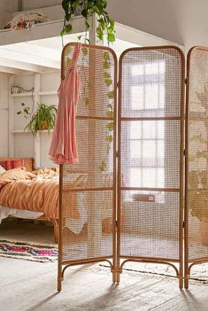 foldable rattan room divider can be used for hanging clothes on it