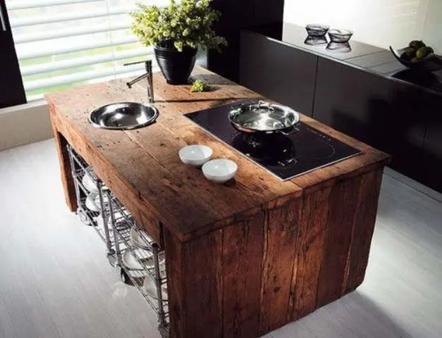 butcherblock waterfall countertop to give a raw touch to a modern sleek kitchen