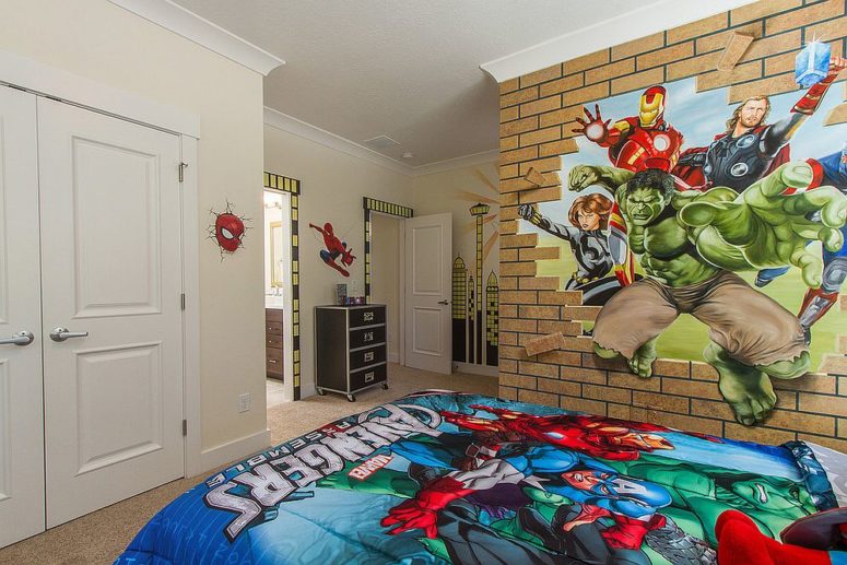 faux brick wall with Avengers for little comics fans
