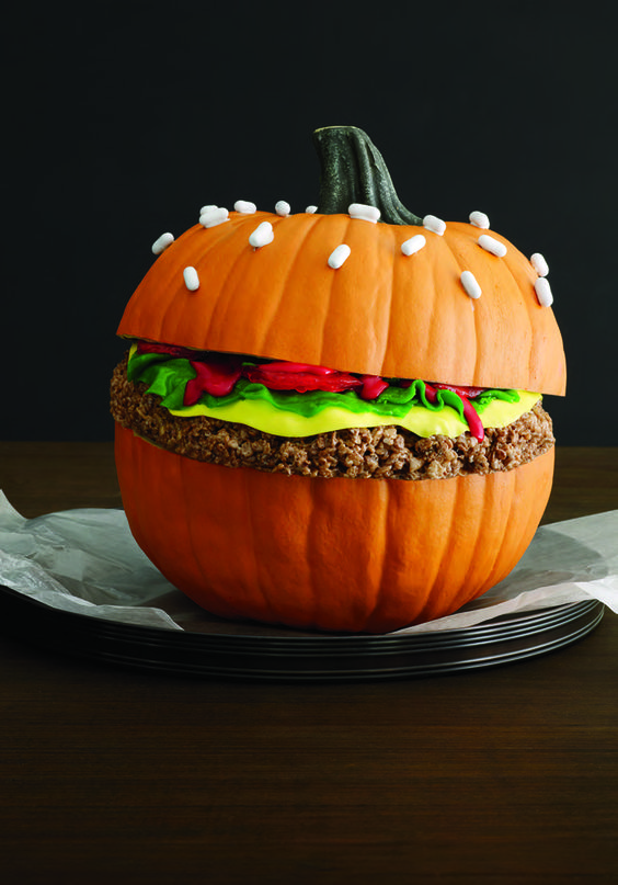 faux burger pumpkin decoration is a very cool idea