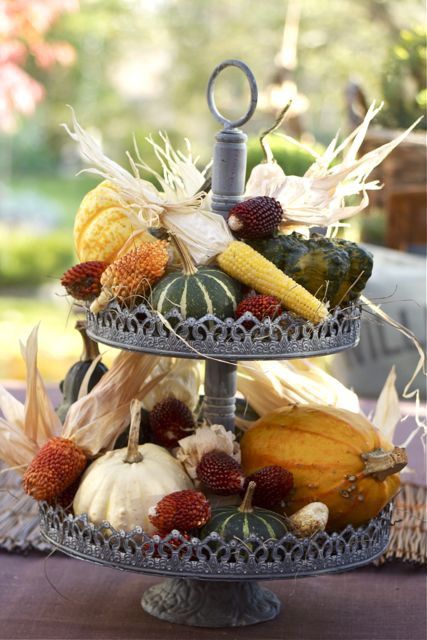 Harvest two tiered centerpiece with veggies from the garden
