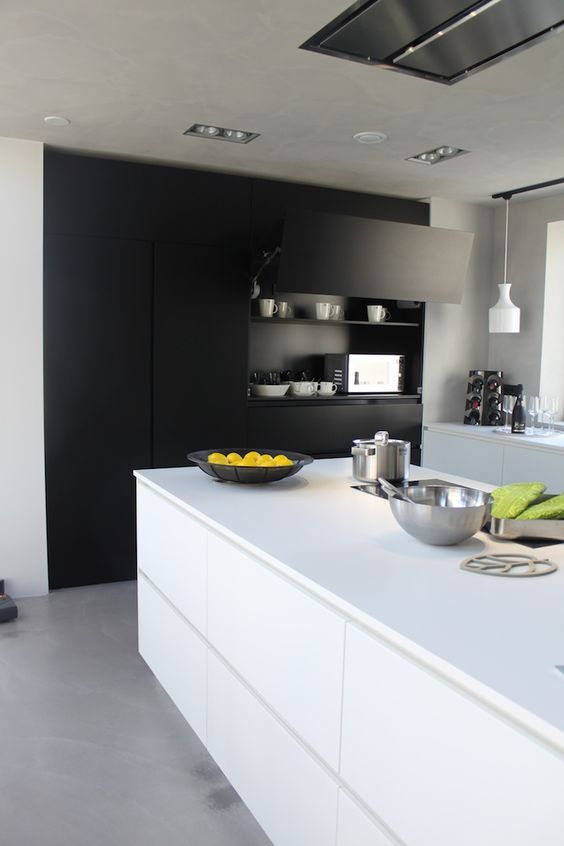 sleek matte kitchen with white functional furniture and black storage