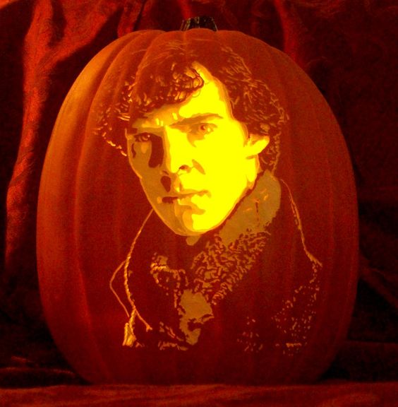 Benedict Cumberbatch as Sherlock Holmes carved on a pumpkin