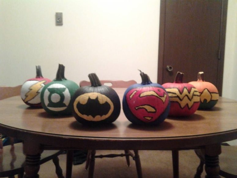 Justice League painted pumpkins could be used as party decorations