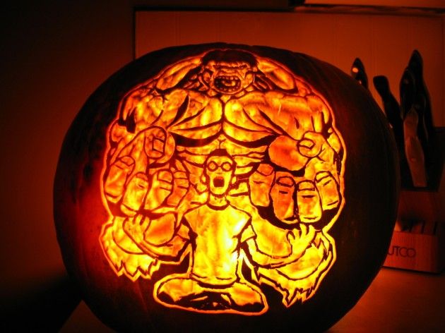 A carved incredible Hulk pumpkin