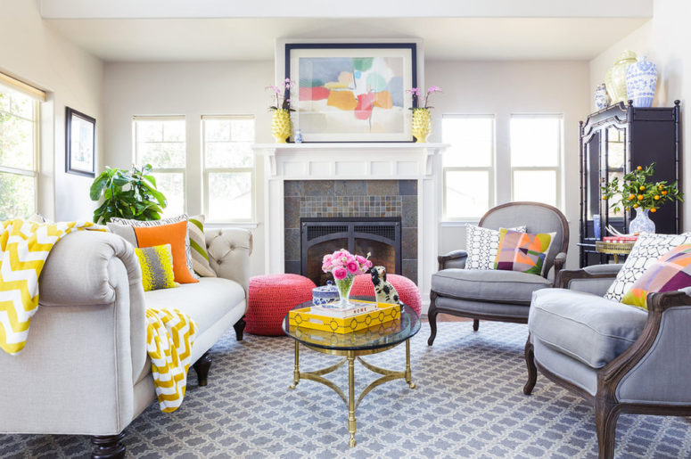 With gray interior you can mix yellow, orange and pink color pops and it'd look great. (Leslie Harris-Keane Interior Design)