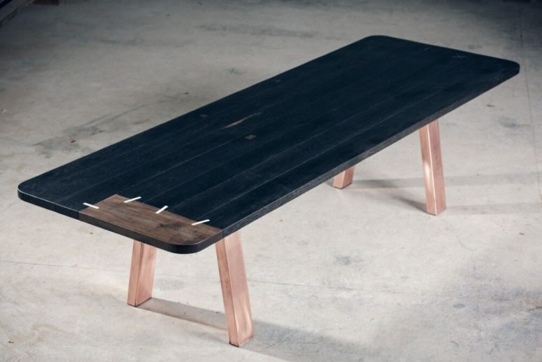 Black Patch Match dining tables are created by Alan Dodo and look like they are stitched
