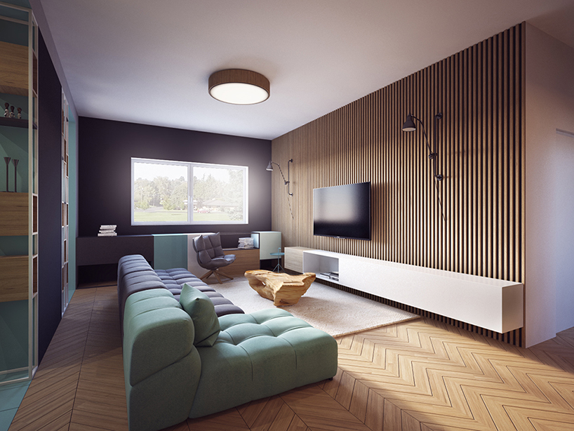 The living room is decorated in pastel tones with a lot of wood