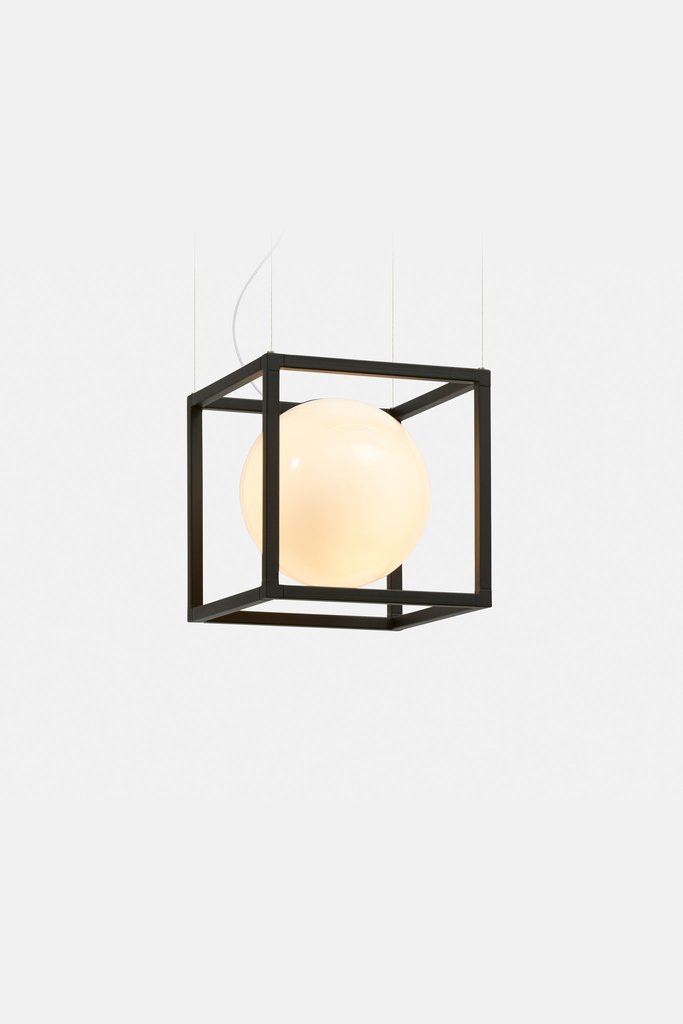 This is Witt 1, available in brass and matte black finishes, looks like a sphere in a cage, very modern