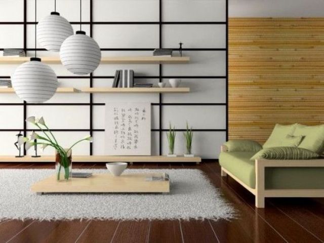 this modern Japanese living room is done in cream and light green with light woods