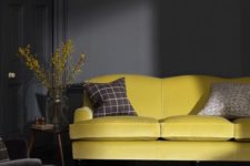 03 graphite living room with a sunny yellow sofa for an accent