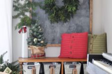 03 hang an evergreen wreath and place faux tree for Christmas-like entry