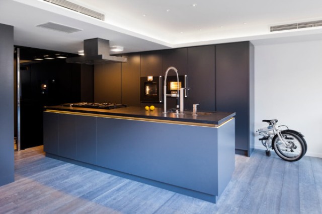 The kitchen features dark grey cabinets and stainless steel appliances, it's laconic and functional, a bit moody