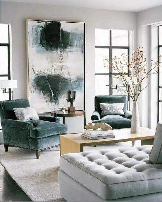dove grey and neutrals living room with rich dark green accents