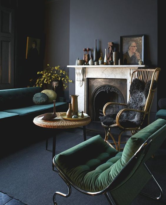 dark and moody grey room with grass green and emerald touches for a chic decadent look (ingridrasmussen)