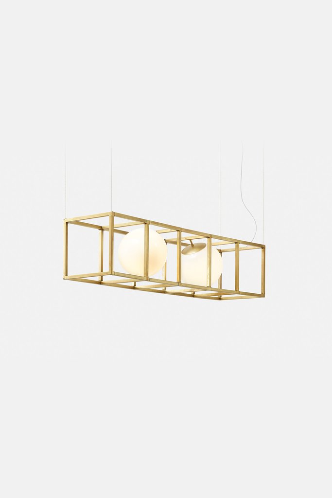 Witt 4 is also a modern chandelier available in brass and the cube is different, it has more sides and two spheres