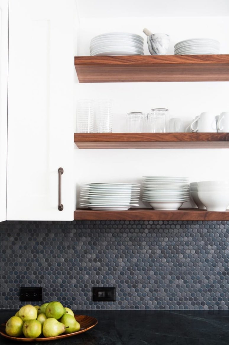 penny tiles in various shades of grey for a moody kitchen
