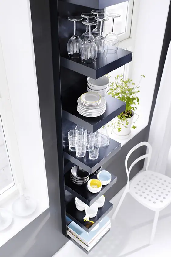 put your dinnerware and drinkware on display with black Lack shelves