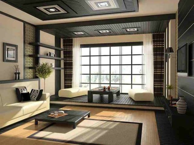 Japanese-inspired space in dark grey and cream with lots of wood used
