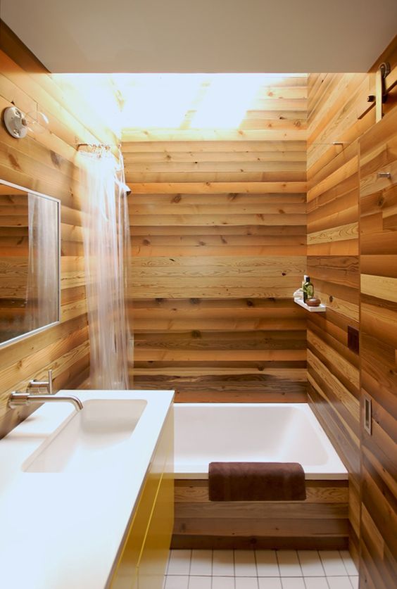 small Japanese bathroom with light warm wood all over to make it look refined