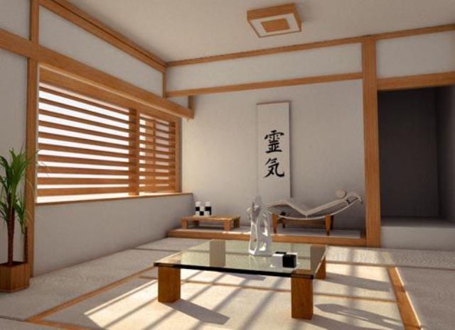 minimalist Japanese interior and a window covered with bamboo shades