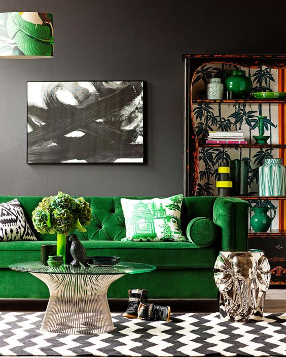 bold living room in grey, black and white with bright green splashes and red touches