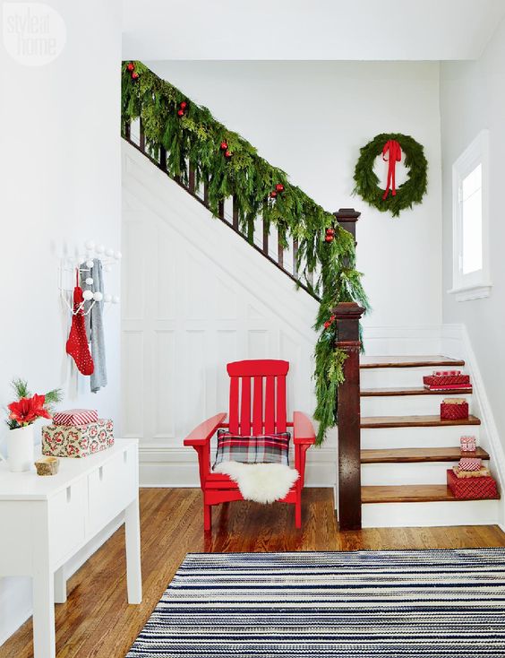 evergreen garland, red touches here and there
