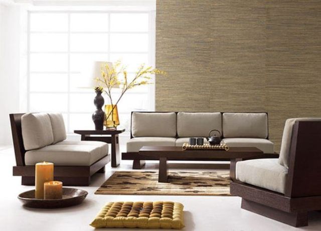 minimalist Zen furniture of dark wood and grey cushions