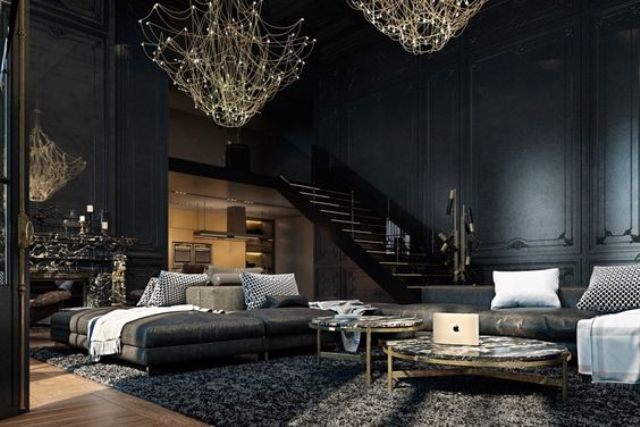 dark Gothic living room with unique gold chandeliers for acentuating