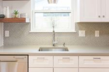 13 grey hax tiles fit this mid-century modern neutral kitchen perfectly