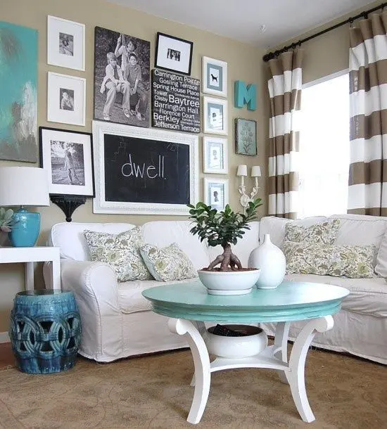 neutral beige room splashed with blue and turquoise
