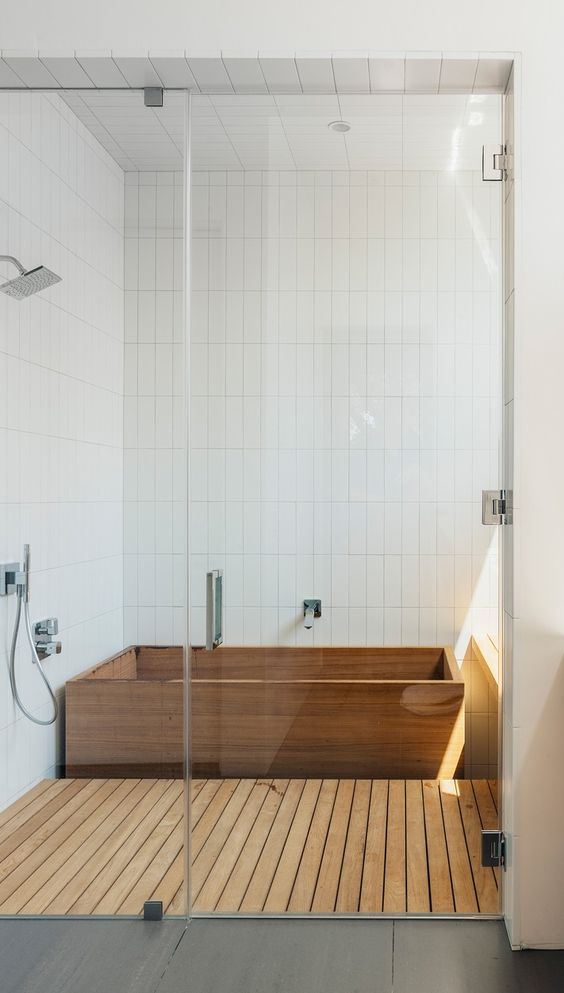 Japanese ofuro bathtub and shower floor clad with wood