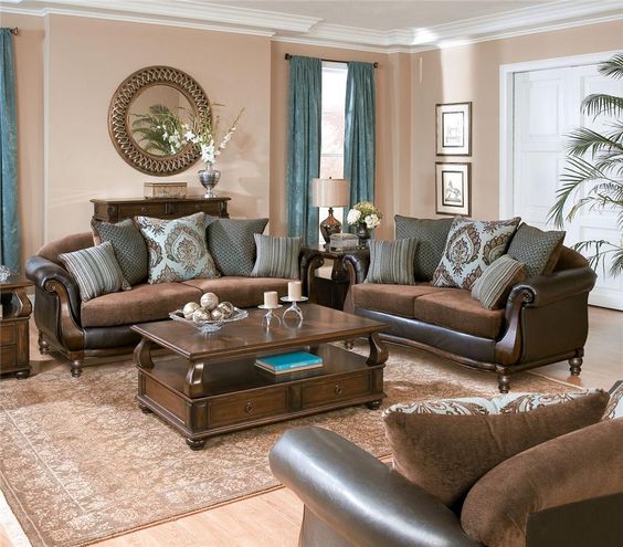 traditional brown living room in rich tones, refined wood and blue draperies to make the room look fresh