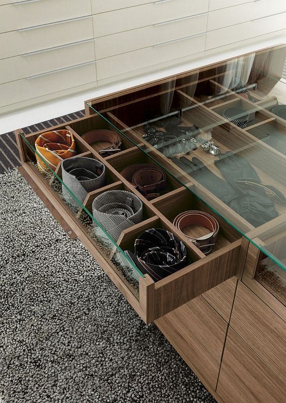 drawers with glass tops for storing accessories and to easily find them when needed
