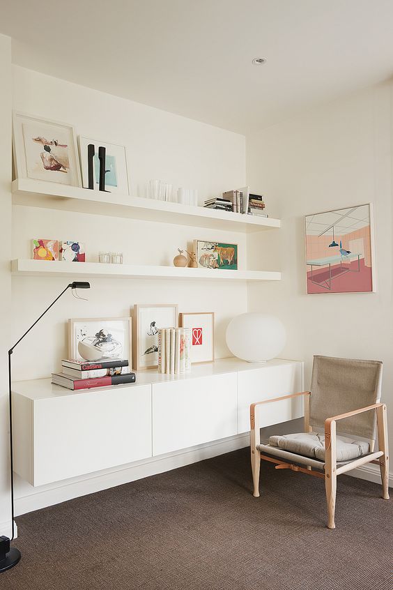 long white lack shelves for comfy living room displays