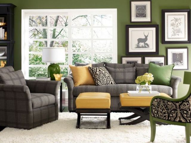 grass green living room with sunny yellow and checked grey accents