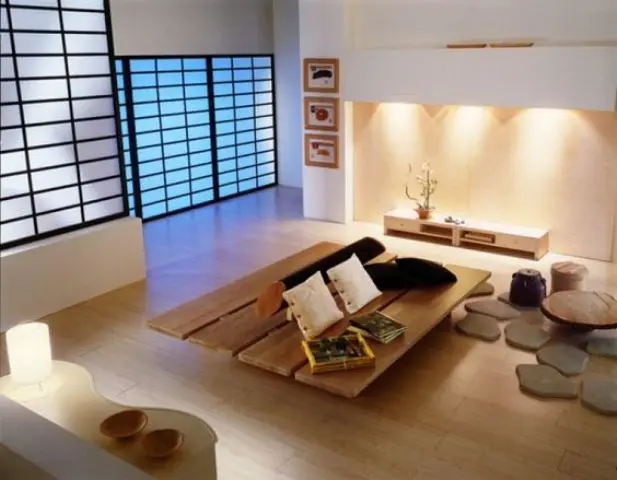 Japanese styled screens instead of doors give this space a stylized look