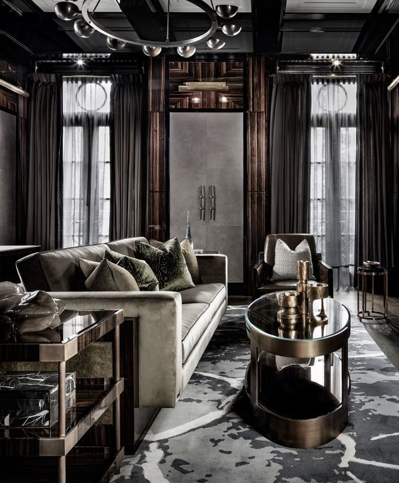 elegant modern living room with rich wood decor