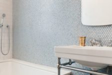 23 penny tiles in blue shades done right with subway tiles on the bathtub
