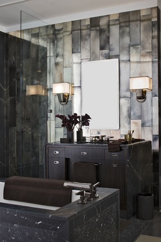 Great Gatsby inspired bathroom in dark marble and tiles