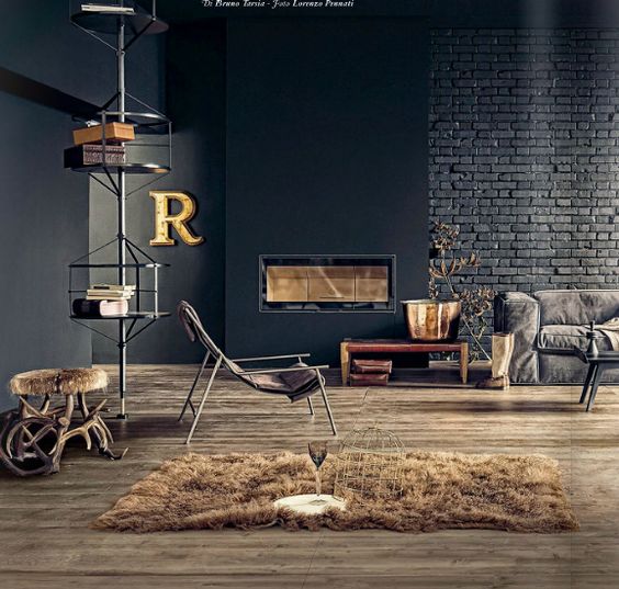 industrial touches and textures of brick, metal and fur make this living room unique