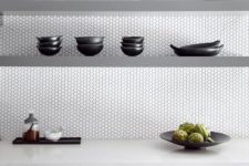 26 this modern kitchen looks stylish white penny tiles and grey sleek shelves