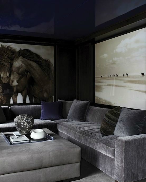 masculine living room with a navy ceiling and a grey velvet sofa