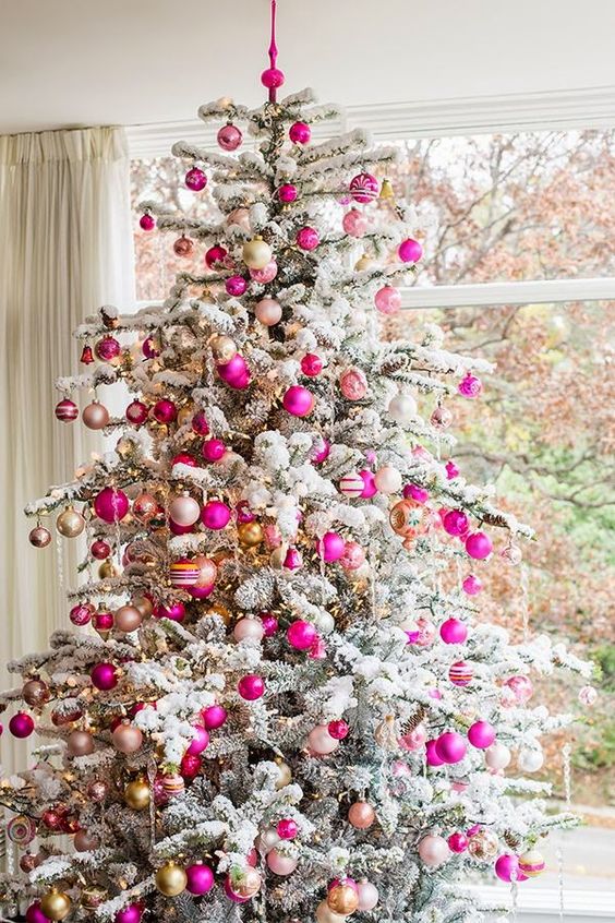 romantic tree with hot pink, blush and gold ornaments for Christmas just for two