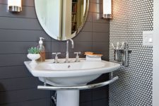 28 white penny tiles with black grout for an accent