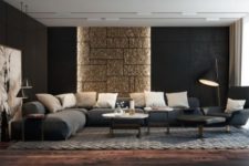 30 modern living room, black walls, a glitter stone accent piece and an oversized artwork