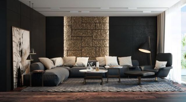 modern living room, black walls, a glitter stone accent piece and an oversized artwork