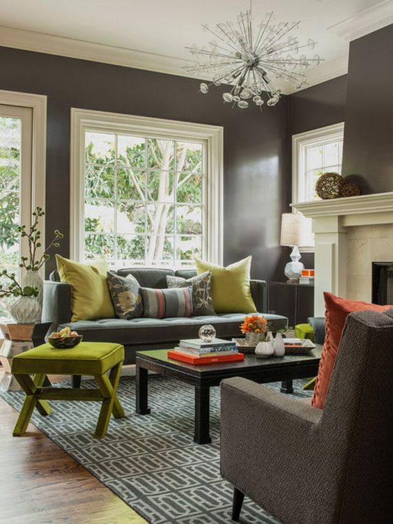 shades of grey living room with lime green accents for a spring-inspired ambience