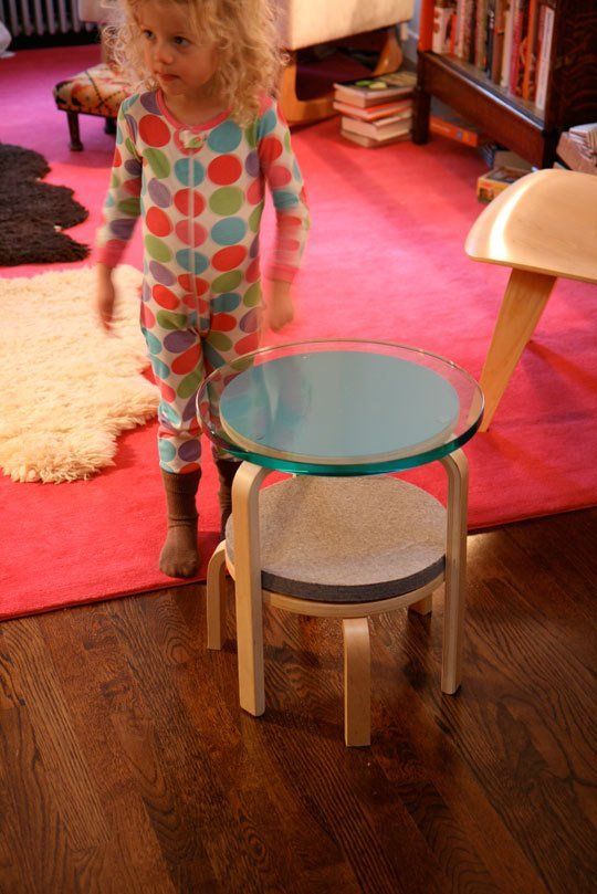 two Frosta stools with changed tops and the second with cut legs